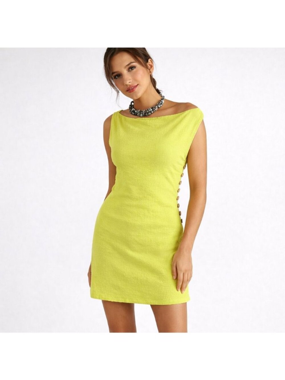 NEW Free People Amaia Mini Dress Size XS Iguana Island Yellow Green Button Side